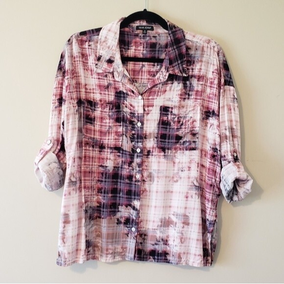 Dear John Arianna Plaid Tie Dye Button Down Roll Tab Sleeves Lightweight Blouse - Picture 7 of 13
